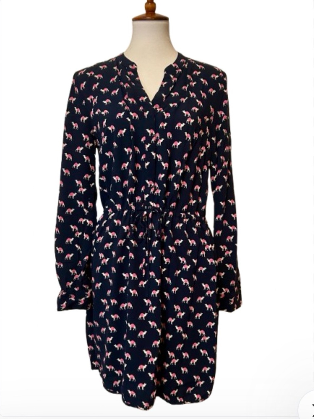 crown & ivy Camel Print Navy Long Sleeve Drawstring Waist Dress 10